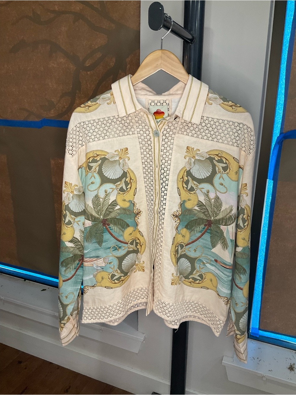FARM Rio Cream and Aqua Tropical Crochet-Trim Jacket